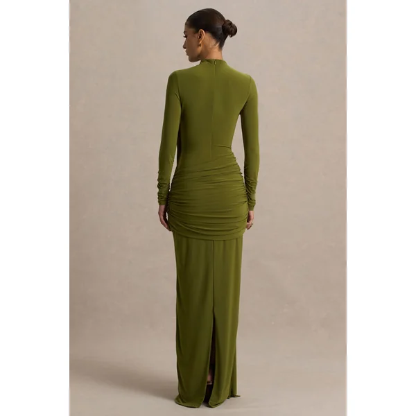Melissa | Robe longue olive à manches longues avec drapés et ceinture nouée