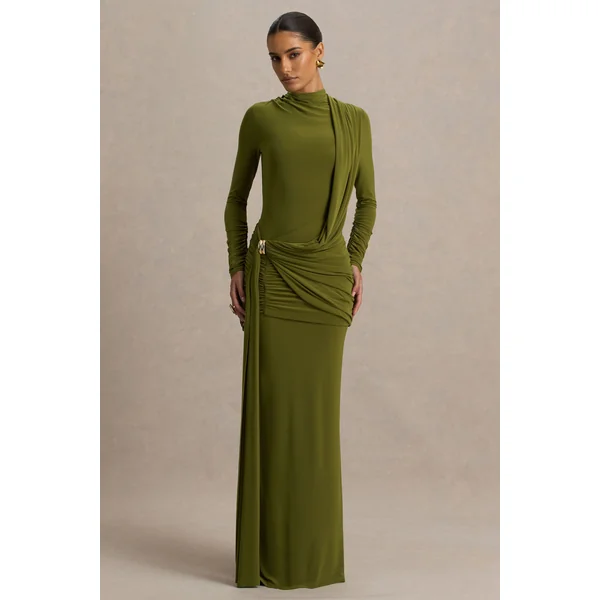 Melissa | Robe longue olive à manches longues avec drapés et ceinture nouée