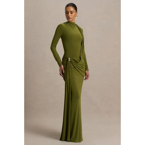 Melissa | Robe longue olive à manches longues avec drapés et ceinture nouée