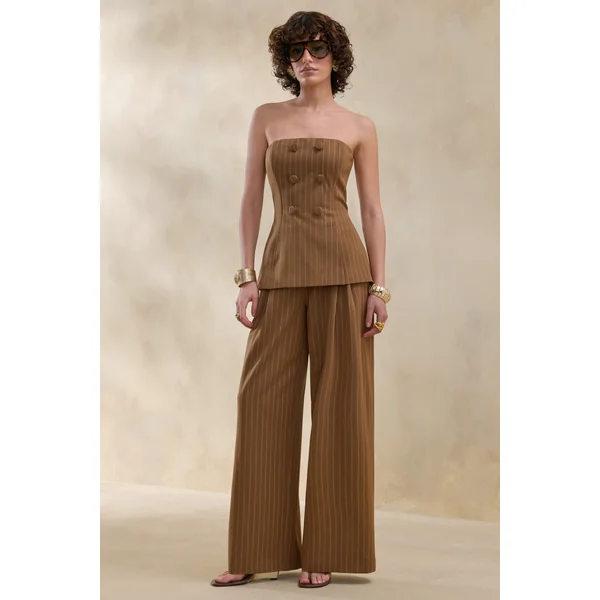Meliva | Pantalon tailleur marron à fines rayures à jambe large