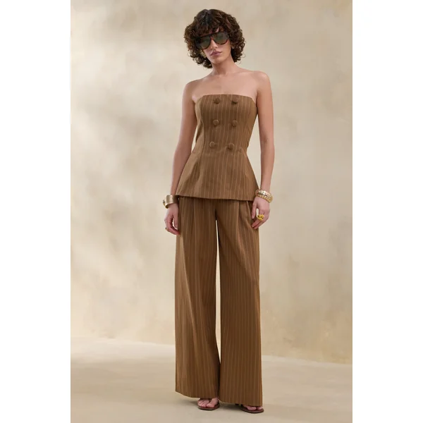 Meliva | Pantalon tailleur marron à fines rayures à jambe large