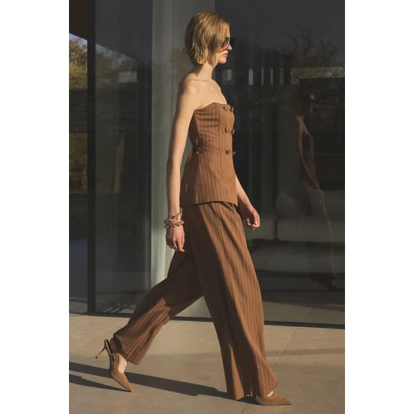 Meliva | Pantalon tailleur marron à fines rayures à jambe large