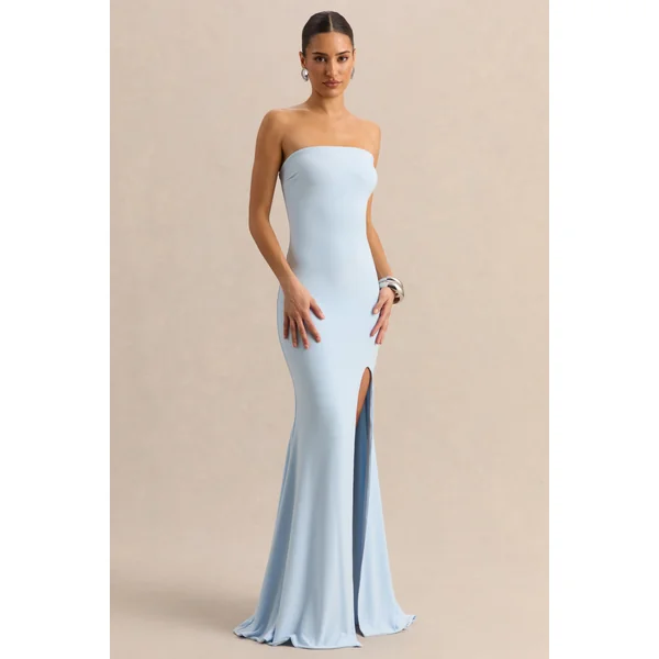 Melva | Robe longue bleu poudré à encolure bandeau