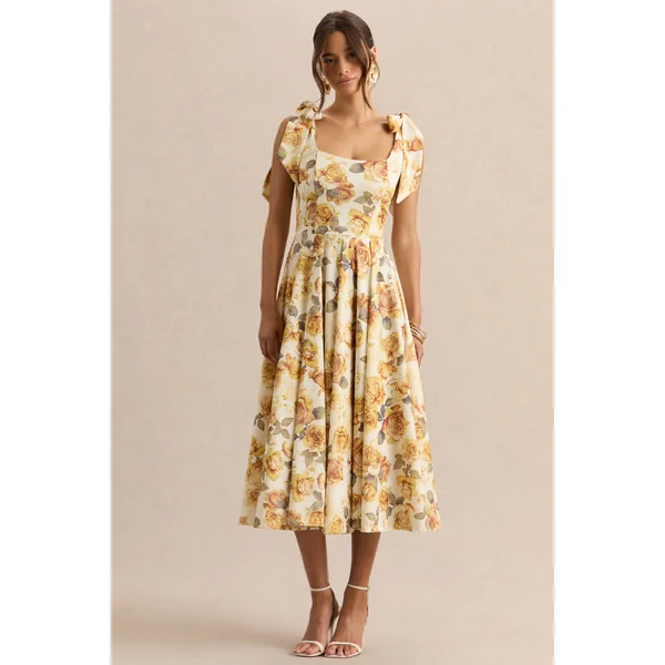 Mena | Robe mi-longue à imprimé de roses jaune citron avec encolure carrée et bretelles à nœuds