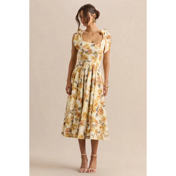Mena | Robe mi-longue à imprimé de roses jaune citron avec encolure carrée et bretelles à nœuds