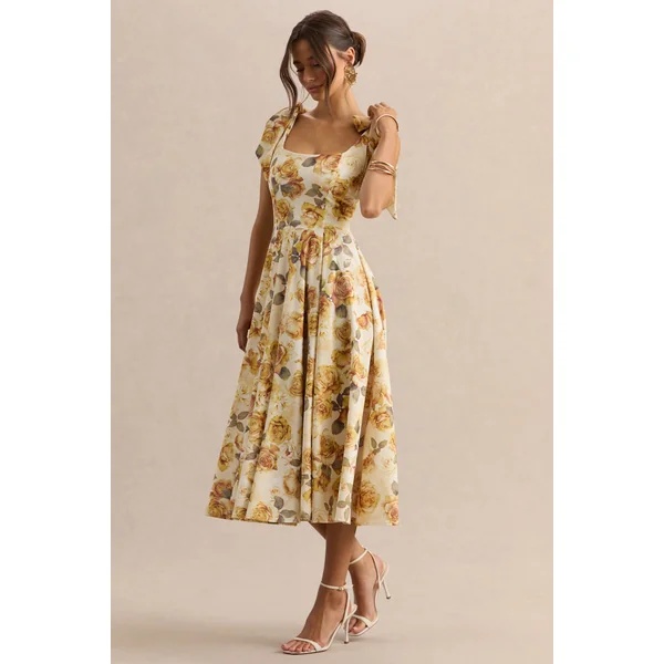 Mena | Robe mi-longue à imprimé de roses jaune citron avec encolure carrée et bretelles à nœuds
