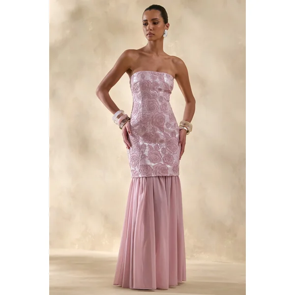 Meraly | Robe longue bandeau rose en sequins avec détail foulard