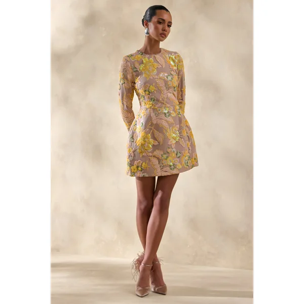 Merdia | Mini-robe jaune à encolure ronde avec embellissements floraux