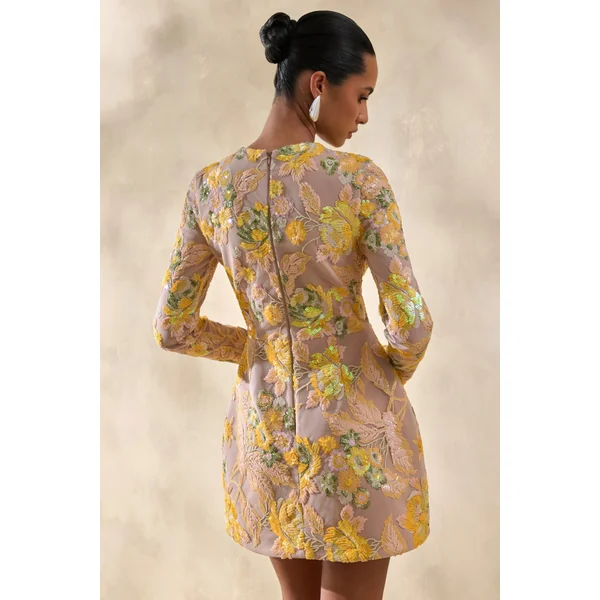 Merdia | Mini-robe jaune à encolure ronde avec embellissements floraux