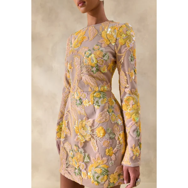 Merdia | Mini-robe jaune à encolure ronde avec embellissements floraux