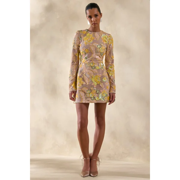 Merdia | Mini-robe jaune à encolure ronde avec embellissements floraux