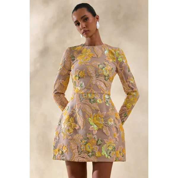 Merdia | Mini-robe jaune à encolure ronde avec embellissements floraux