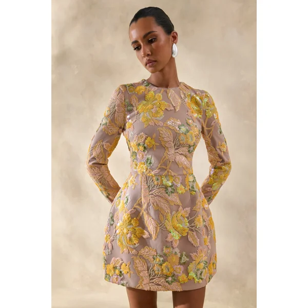 Merdia | Mini-robe jaune à encolure ronde avec embellissements floraux