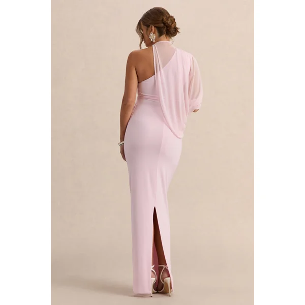 Merella | Robe longue de maternité rose clair à encolure haute avec manche cape