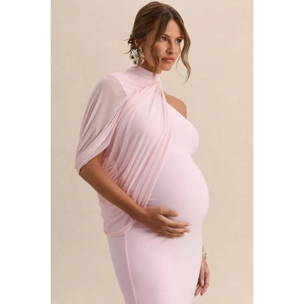 Merella | Robe longue de maternité rose clair à encolure haute avec manche cape