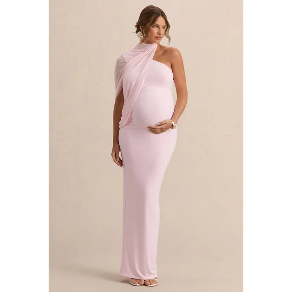 Merella | Robe longue de maternité rose clair à encolure haute avec manche cape