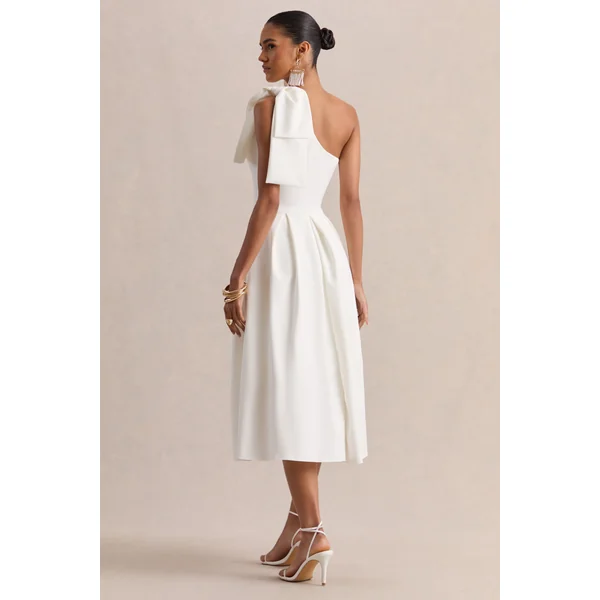 Meria | Robe mi-longue blanche à décolleté asymétrique avec manches nœud