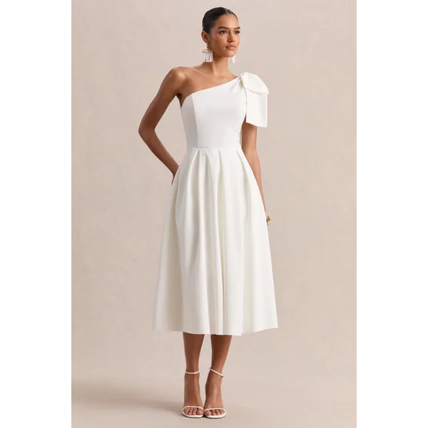 Meria | Robe mi-longue blanche à décolleté asymétrique avec manches nœud