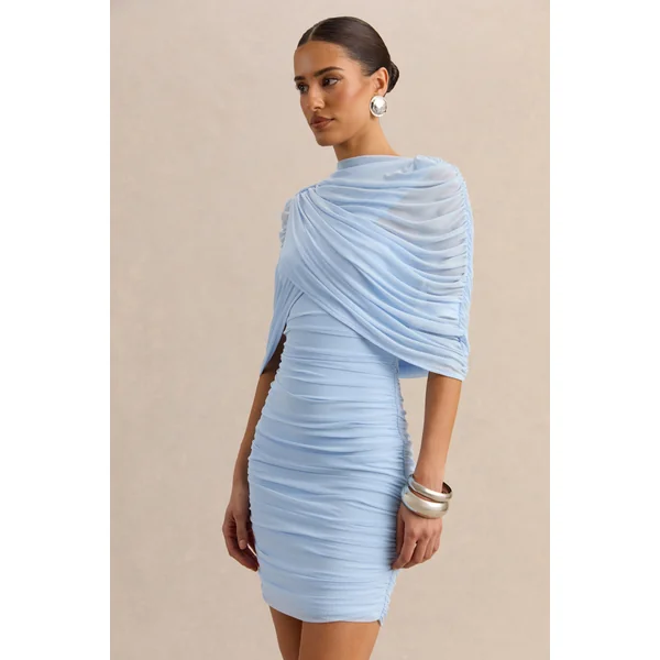 Merisse | Mini-robe bleu poudré à encolure bandeau avec détails froncés