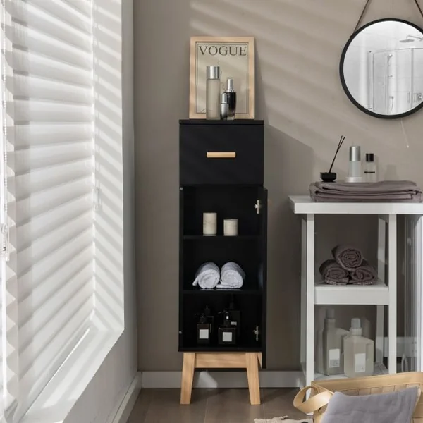 Meuble Autoportant de Salle de Bain en Colonne avec Tiroir Etagères Réglables style Moderne 30 x 30 x 102cm Noir