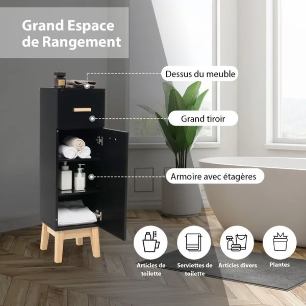 Meuble Autoportant de Salle de Bain en Colonne avec Tiroir Etagères Réglables style Moderne 30 x 30 x 102cm Noir