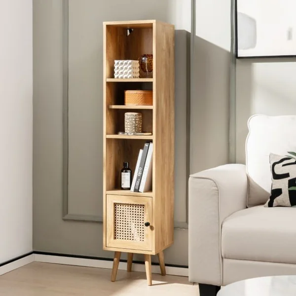Meuble Colonne de Rangement avec Porte Rotin et Pieds en Bois Massif Meuble de Salle de Bain Étagère Réglable 29,5x29,5x137cm Marron