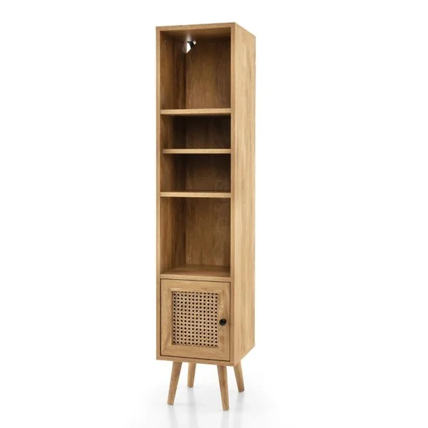 Meuble Colonne de Rangement avec Porte Rotin et Pieds en Bois Massif Meuble de Salle de Bain Étagère Réglable 29,5x29,5x137cm Marron