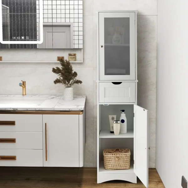 Meuble Colonne de Salle de Bain avec 2 Portes et 1 Tiroir Étagères Réglables et Porte en Verre Dépoli 40 x 30 x 170 cm Noir