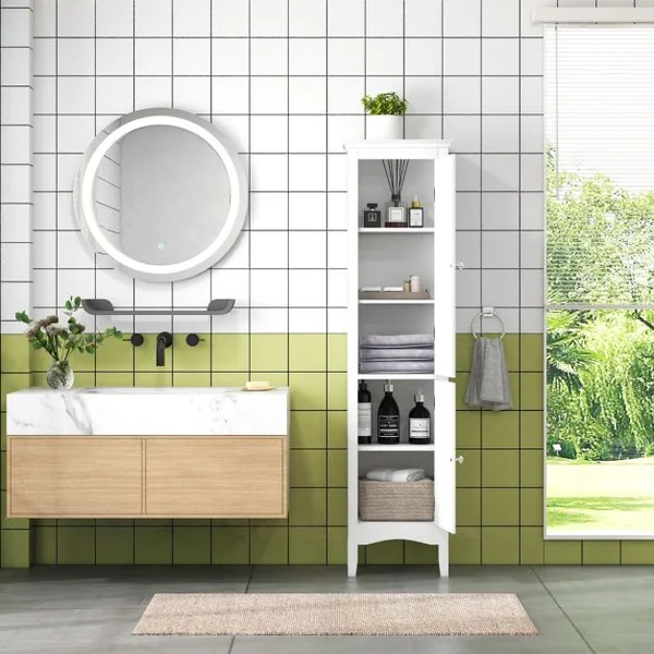 Meuble Colonne de Salle de Bain avec 2 Portes et 5 Tiroirs Étagères Réglable pour Salle de Bain Salon 38 x 33 x 160 cm Blanc