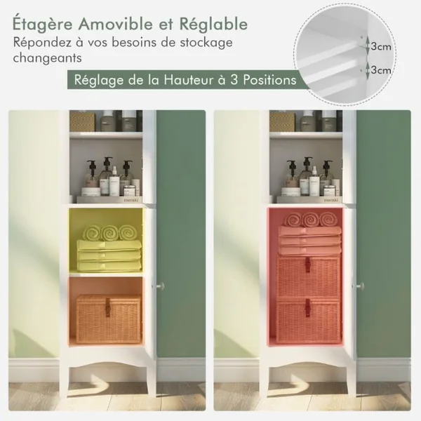 Meuble Colonne de Salle de Bain avec 2 Portes et 5 Tiroirs Étagères Réglable pour Salle de Bain Salon 38 x 33 x 160 cm Blanc