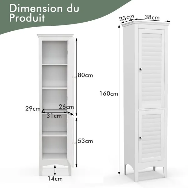 Meuble Colonne de Salle de Bain avec 2 Portes et 5 Tiroirs Étagères Réglable pour Salle de Bain Salon 38 x 33 x 160 cm Blanc