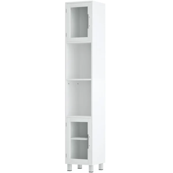 Meuble Colonne de Salle de Bain avec 2 Étagères Ouvertes 1 Étagère Réglable et Portes en Verre Trempé 33 x 30 x 180 cm Blanc