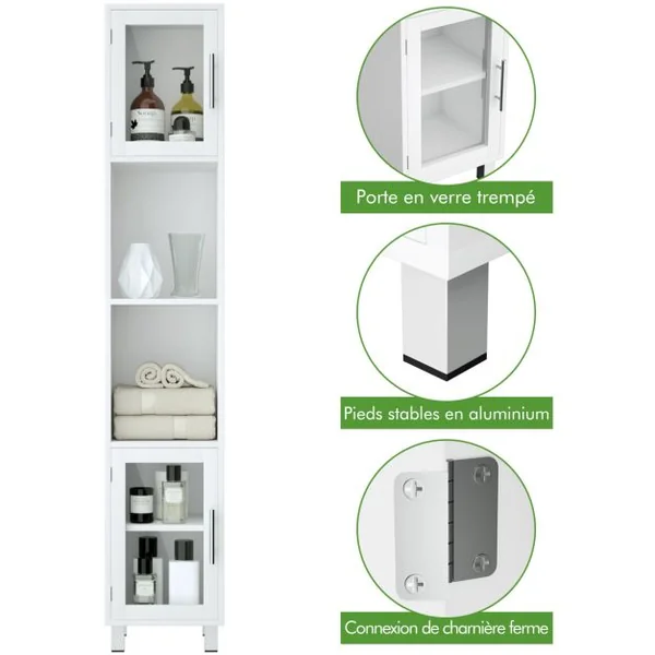 Meuble Colonne de Salle de Bain avec 2 Étagères Ouvertes 1 Étagère Réglable et Portes en Verre Trempé 33 x 30 x 180 cm Blanc