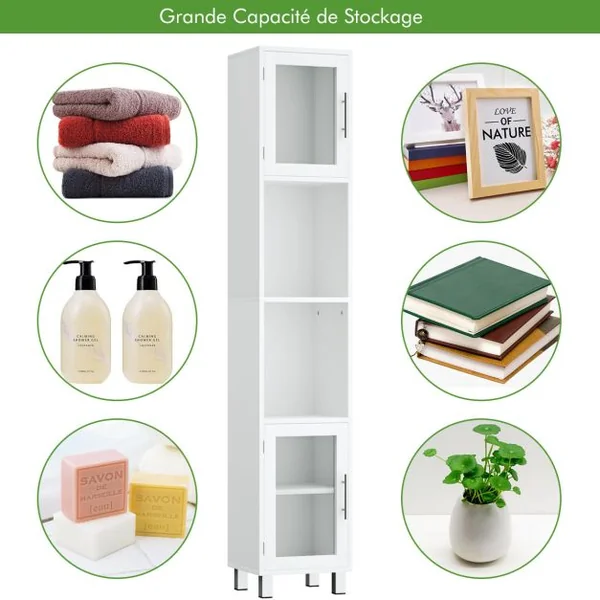 Meuble Colonne de Salle de Bain avec 2 Étagères Ouvertes 1 Étagère Réglable et Portes en Verre Trempé 33 x 30 x 180 cm Blanc