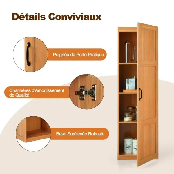 Meuble Colonne de Salle de Bain avec 4 Étagères de Rangement Armoire de Rangement Verticale avec Porte 45,5 x 36 x 153 cm Naturel