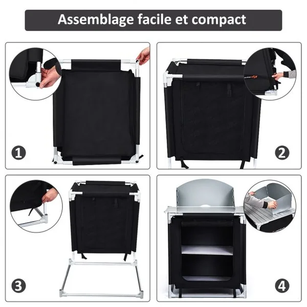 Meuble de Camping de Rangement en Polyester Protection Anti-Eclaboussures Cadre en Aluminium 88x64x117cm Noir + Gris