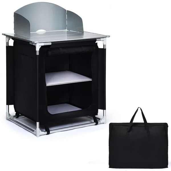 Meuble de Camping de Rangement en Polyester Protection Anti-Eclaboussures Cadre en Aluminium 88x64x117cm Noir + Gris
