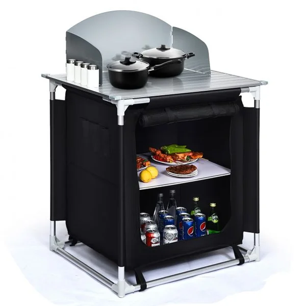 Meuble de Camping de Rangement en Polyester Protection Anti-Eclaboussures Cadre en Aluminium 88x64x117cm Noir + Gris