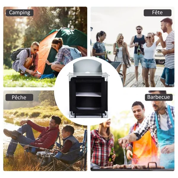 Meuble de Camping de Rangement en Polyester Protection Anti-Eclaboussures Cadre en Aluminium 88x64x117cm Noir + Gris