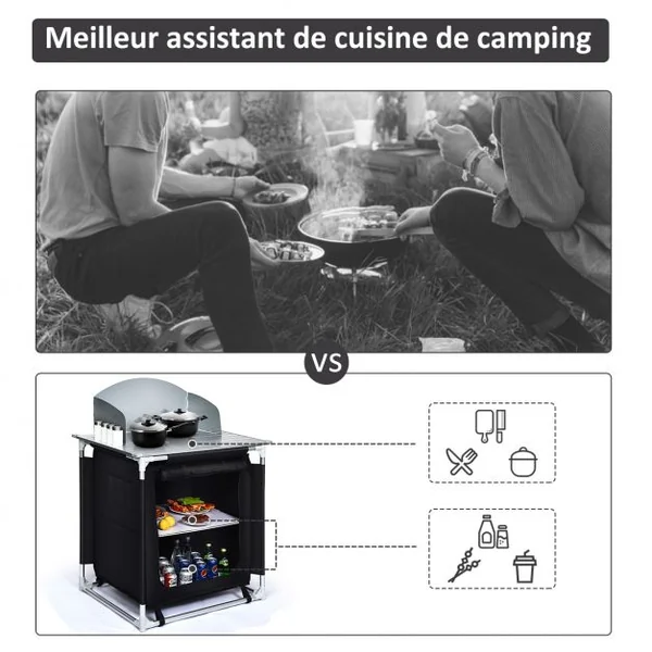 Meuble de Camping de Rangement en Polyester Protection Anti-Eclaboussures Cadre en Aluminium 88x64x117cm Noir + Gris