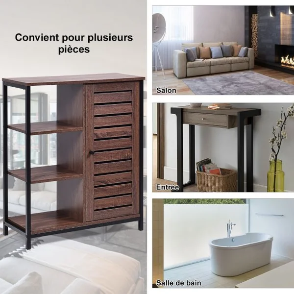 Meuble de Cuisine de Style Industriel Buffet Bas avec 3 Étagères Ouvertes et Fermées 70x30x81cm Brun Rustique