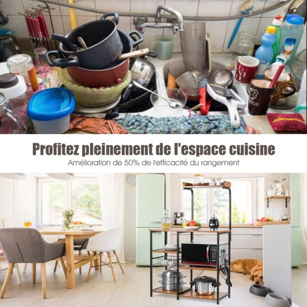 Meuble de Cuisine Etagère de Micro-Ondes et Four Rangement Epices et Ustensile Ustensile 1 Panier et 5 Crochets 90x40x138CM