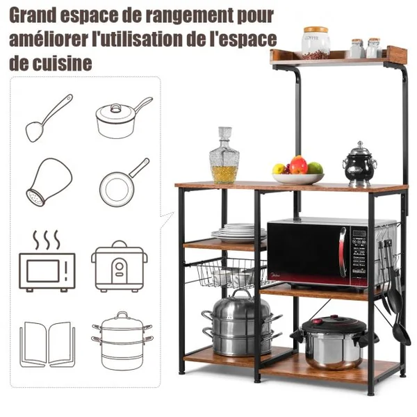 Meuble de Cuisine Etagère de Micro-Ondes et Four Rangement Epices et Ustensile Ustensile 1 Panier et 5 Crochets 90x40x138CM