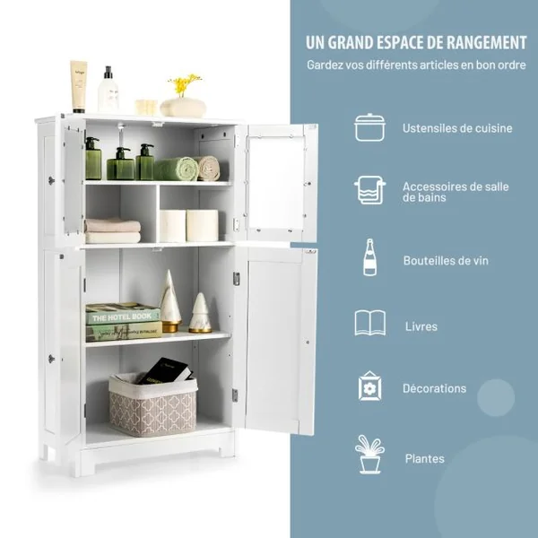 Meuble de Rangement 58 x 30 x 109 CM avec Etagère Réglable Armoire Polyvalent pour Salon Bureau Cuisine Blanc/Gris