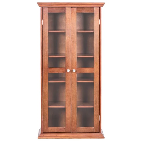 Meuble de Rangement Armoire Multimédia en Bois Rustique avec 2 Portes en Verre et Étagères Réglables pour 100 CD DVD