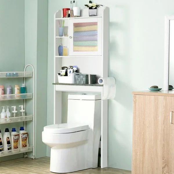 Meuble de Rangement Au-dessus Des Toilettes Etagère de Salle de Bains Wc Buanderie en Mdf 60x19x173cm Blanc