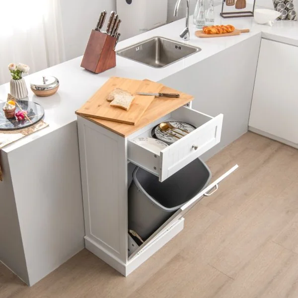 Meuble de Rangement avec Tiroir et Placard à 40L Buffet Commode pour Poubelle avec Planche à Découper en Bambou Amovible 52 x 33 x 90 cm Blanc