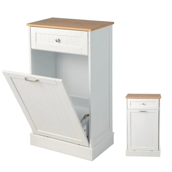 Meuble de Rangement avec Tiroir et Placard à 40L Buffet Commode pour Poubelle avec Planche à Découper en Bambou Amovible 52 x 33 x 90 cm Blanc