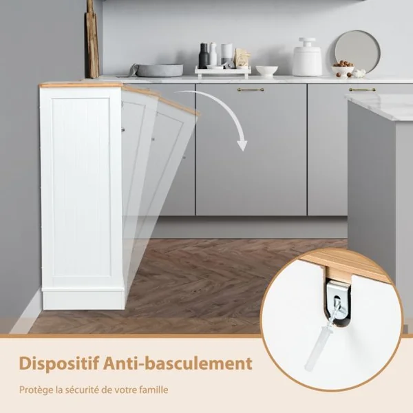 Meuble de Rangement avec Tiroir et Placard à 40L Buffet Commode pour Poubelle avec Planche à Découper en Bambou Amovible 52 x 33 x 90 cm Blanc