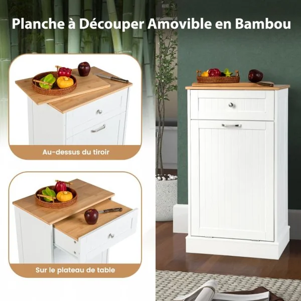 Meuble de Rangement avec Tiroir et Placard à 40L Buffet Commode pour Poubelle avec Planche à Découper en Bambou Amovible 52 x 33 x 90 cm Blanc